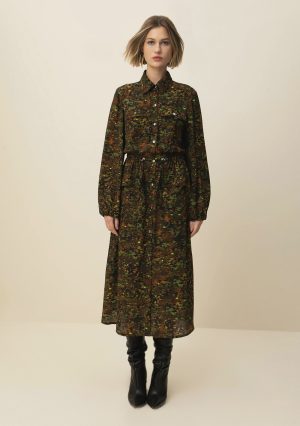 VESTIDO LONGO GOLA CAMISA DETALHE ELASTICO VERDE MILITAR/MARROM MORENA ROSA