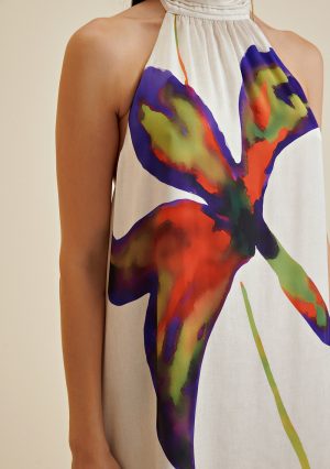 VESTIDO LONGO GOLA ALTA ABERTURA COSTAS CRU/VERDE/AZUL MORENA ROSA