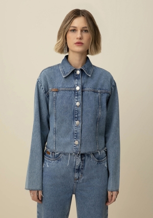 JAQUETA CLASSICA OMBRO DESLOCADO JEANS MEDIO MORENA ROSA