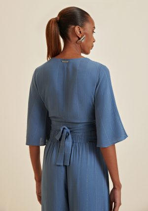 BLUSA DECOTE V MANGA CURTA AMARRACAO FRENTE AZUL MORENA ROSA