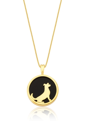 COLAR CACHORRO 45  FOLHEADO OURO OBSIDIANA NEGRA AYLA