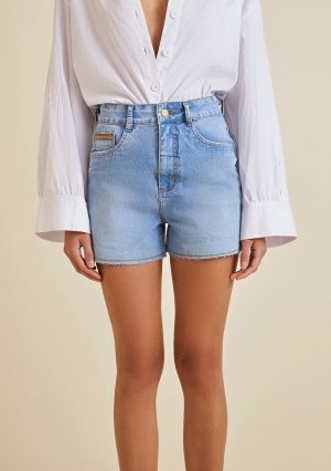 SHORTS FIVE POCKETS BARRA REFILADA JEANS CLARO MORENA ROSA