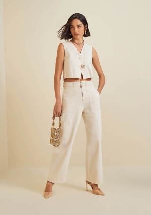CALCA WIDE LEG THAILA COS ALTO BOLSO CARGO OFF WHITE MORENA ROSA