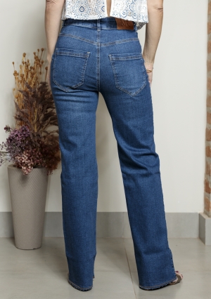 CALCA WIDE LEG THAILA COS ALTO BARRA REFILADA JEANS MEDIO MORENA ROSA
