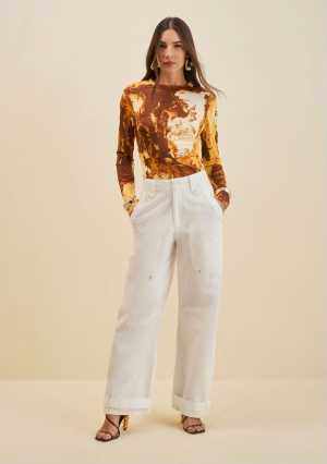 BLUSA AJUSTADA DECOTE CARECA MANGA LONGA PADRAO AMARELO MORENA ROSA