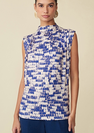 BLUSA DECOTE REDONDO MANGA CURTA COM PREGAS -OFF WHITE/AZUL MARIA VALENTINA