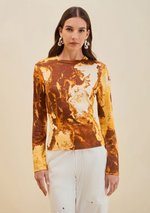 BLUSA AJUSTADA DECOTE CARECA MANGA LONGA PADRAO AMARELO MORENA ROSA